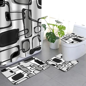 Grey Geometric Shower Curtain Sets, Mordern Shower Curtain Sets with Rugs, Non-S - Picture 1 of 7