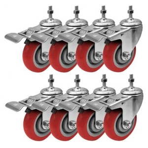 8 Pack 4 Inch Stem Caster Swivel with Front Brake Red Polyurethane Caster Wheels - Picture 1 of 10