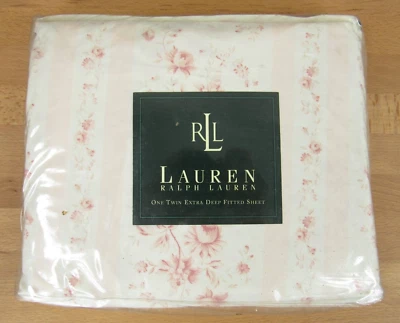 Ralph Lauren Pink Floral Heartland Stripe TWIN Fitted Sheet Extra Deep NEW - Image 1 of 3