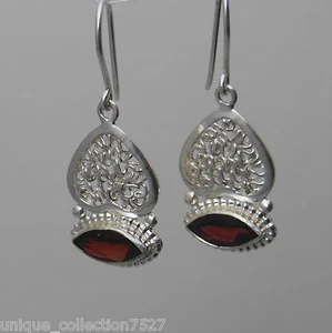 Handmade 925 Sterling Silver Dangle GIFT Earrings Inlaid With Real Garnet Stone - Bild 1 von 8
