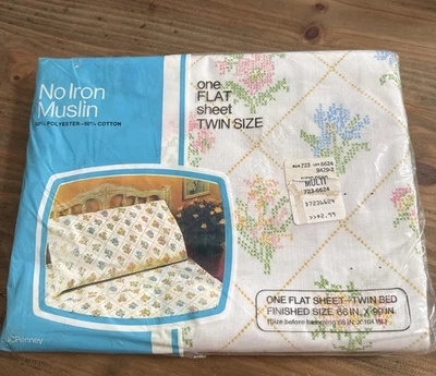 New Vintage JC Penney No Iron Muslin One  Flat Sheet Twin Size Floral  NIP 66x99 - Image 1 of 4