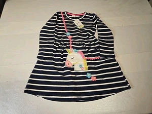 Mädchen Gr. 6T (5-6 Jahre) Kleid Funnymore marine gestreift mit Einhorn Applikation neu - Bild 1 von 7