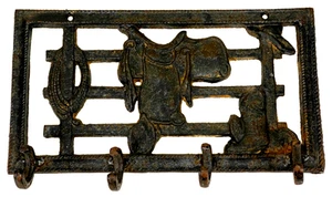 Vtg Western Cowboy Theme Cast Iron 4 Hook Coat Key Wall Hanger-Saddle Boots Rope - Picture 1 of 3