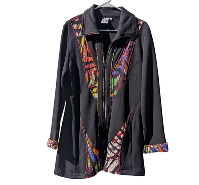 Chaqueta Artsy Boho con Cremallera Negra Perejil y Salvia con Borde Abstracto Colorido, Talla S Foto 1 de 4