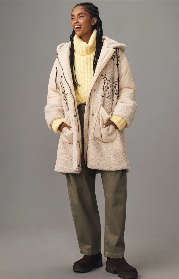 Anthropologie Pilcro Sherpa Coat Women Ivory Embroidered Hooded Boho Medium NWT - Image 1 of 4