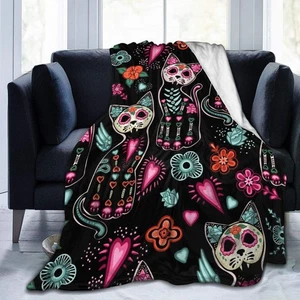Ouqiuwa Day of The Dead Cat Kitten Sugar Skull Throw Blanket Plush Microfiber... - Picture 1 of 5