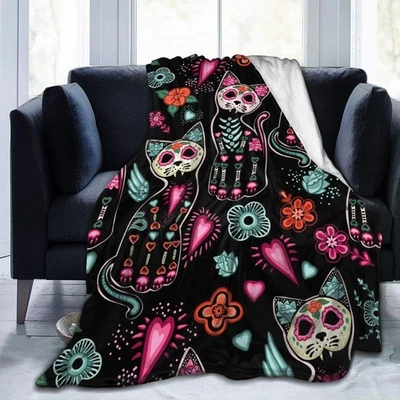 Ouqiuwa Day of The Dead Cat Kitten Sugar Skull Throw Blanket Plush Microfiber... - Image 1 of 4