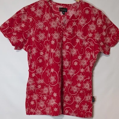 WOMENS PEACHES SCRUB TOP SIZE SMALL SNOW FLAKES WINTER THEME RED - Image 1 of 4