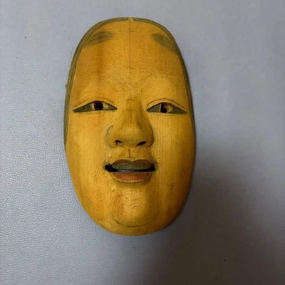 Ancien masque japonais en bois sculpté Noh - art populaire artisanal - Photo 1/4