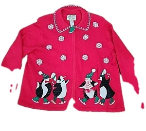 Vintage Heirloom Collectibles Red Christmas Penguin Cardigan Sweater Womens XL - Picture 1 of 16