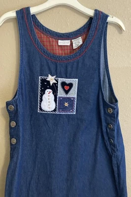 Maxi Vestido Vintage Navidad Denim Mujer S 4-6 Muñeco de Nieve Corazones Bordado Foto 1 de 4