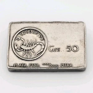 Escorpion Plata Pura Thick 50g .999 Vintage Silver Bar Rare - Picture 1 of 6