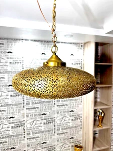 Handcrafted Antique brass Pendant Light - Perforated Boho Ceiling Lamp 12 inches - Picture 1 of 9