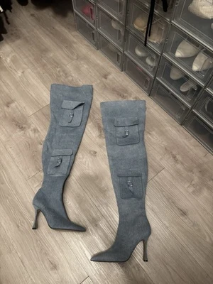 Steve Madden Women's Size 6.5 M Blue Denim Brittany Thigh High Heeled Boots - Image 1 of 3