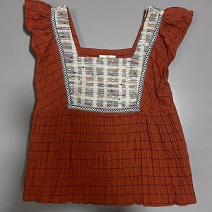 Top Naranja Óxido Entro Boho Bordado Cuello Cuadrado Manga Volantes Talla Pequeña - Imagen 1 de 10