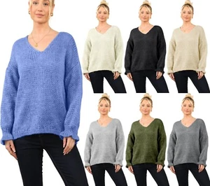 Womens Long Cuffed Sleeve Chunky Knitted Jumper V Neck Crochet Knit Sweater - Imagen 1 de 8