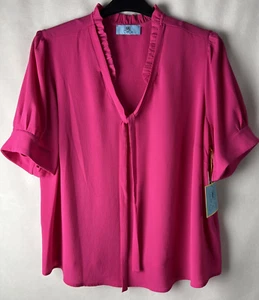 CeCe Women's Blouse Plus Size 2X Essentials Ruffle V-Neck With Tie Rose A56 - Picture 1 of 14