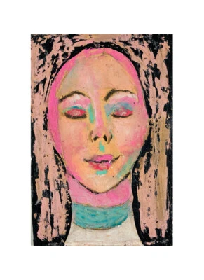 Meditating Woman Portrait Painting Pink Expressive Outsider Art Original Praying - Image 1 of 4