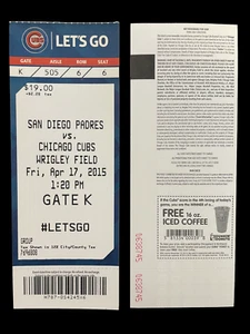 KRIS BRYANT MLB DEBUT FULL TICKET CHICAGO CUBS VS SAN DIEGO PADRES 4/17/15 - Picture 1 of 1