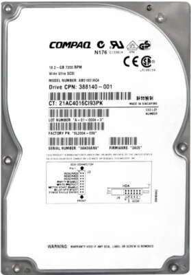 Hard Drive Compaq 388140-001 18.2GB 7200RPM 1MB SCSI U160 AB01831AC4 3.5" Inch - Image 1 of 3