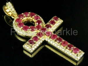 3.5ct Lab-Created Pink Ruby Egyptian Ankh Cross Pendant 14k Yellow Gold Plated - Picture 1 of 3