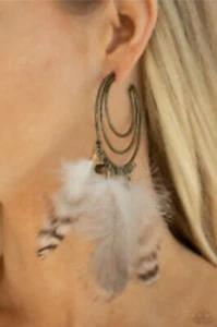 Paparazzi  Brown Free Bird Brass Feather Earrings hoops new release 2021  - Picture 1 of 12