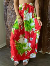 Boho Hippy Gypsy Red Beige Floral Maxi Skirt Embroidered Top MIX Match 2Pc Set M