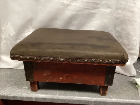 Antique Arts & Crafts looking Foot Stool,   leather, metal strip Old red Paint Cover