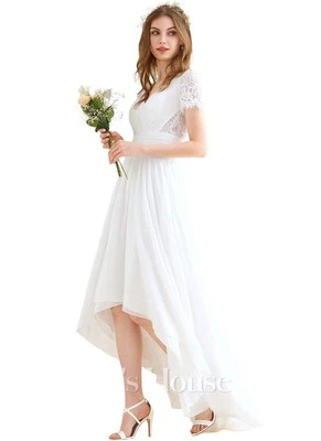 JJs House Chiffon Wedding Dress A-line V-Neck Asymmetrical HiLo Lace Destination - Image 1 of 4