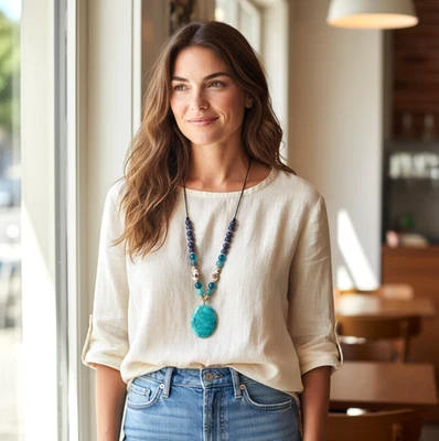 J. Jill Jade Pendant Blue Floral Cloisonné Bead Sodalite Stone Cord Adjustable - Image 1 of 4