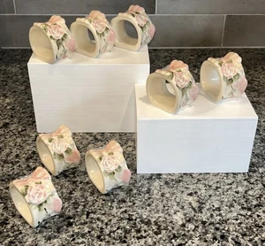 "Anillos de servilletas de cerámica esculpidos rosa de té Pfaltzgraff 2""H (juego de 8)" - Imagen 1 de 8