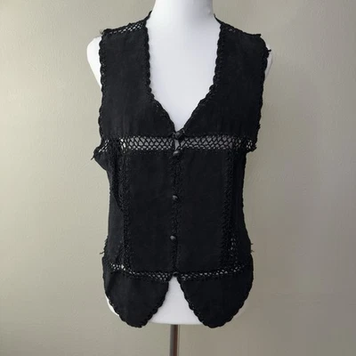 复古 90 年代女式 S/M 背心西部哥特拼布皮革麂皮绒钩针编织 Ren Festival — 第 1/4 张图片