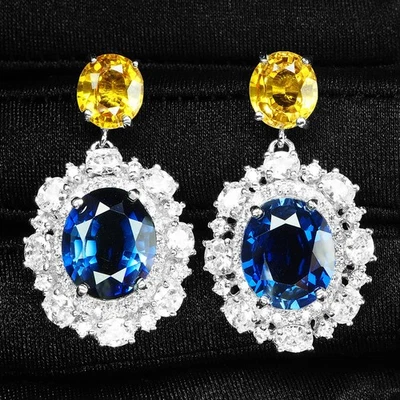 闪亮鲜艳蓝色蓝宝石 17.12 克拉 925 纯银白金耳环 — 第 1/4 张图片
