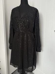 Womens Knee Length Dress Size 18 Black Chiffon Gold Thread Spots - Picture 1 of 8