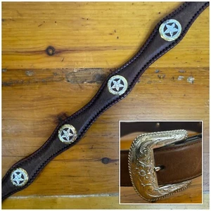 Double S Cowboy Belt Mens 34 Western Concho Star Leather Brown '95 Silver Buckle - Picture 1 of 15