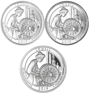 2019 P D S LOWELL NATIONAL HISTORIC PARK MASSACHUSETTS QUARTERS 3 COINS SET - Picture 1 of 7