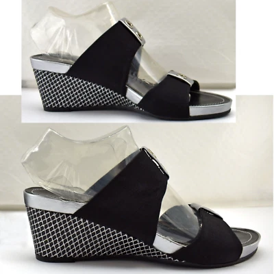 Amalfi by Rangoni Open Toe Wedge Heel Sandal Black Metallic Silver - Women's 7M - Image 1 of 4