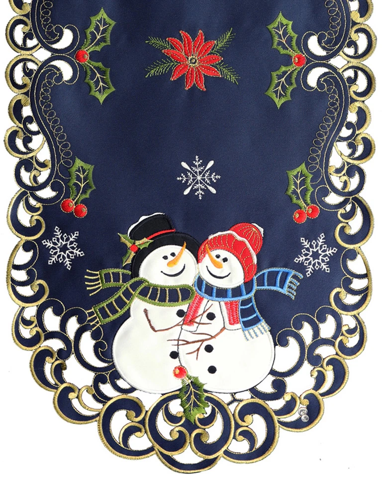 Holiday Christmas Snowman Snowflake Placemats Table Cloth Runner Navy Blue Gold - Image 1 of 4