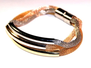 Bracelet femme chic maille souple milanaise fermoir aimanté doré 3 ors soirée - Picture 1 of 1