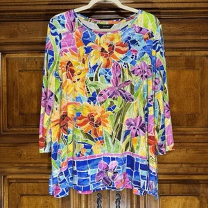 Ali Miles Artsy Colorful Abstract Knit Tunic Women’s M Clear Bead Accents - Imagen 1 de 11