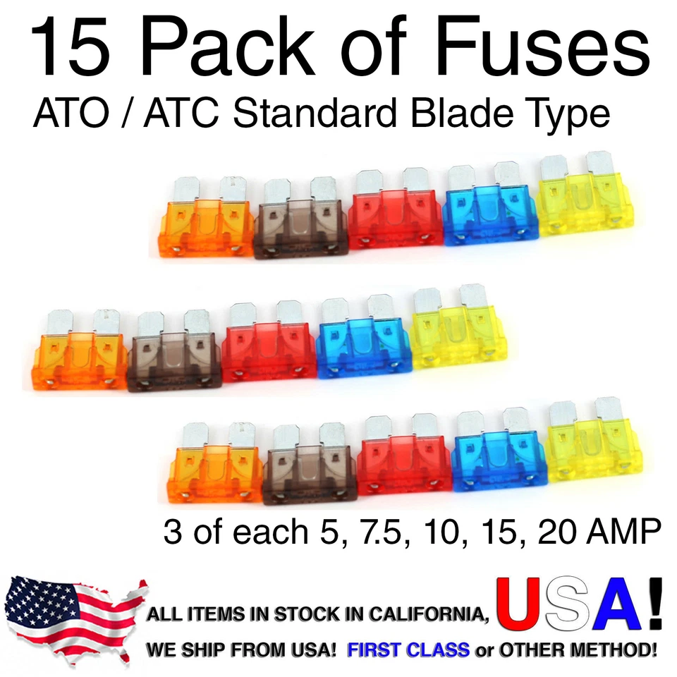 Automotive ATO ATC Standard Blade Fuses Assorted 15 pcs 5A 7.5A 10A 15A 20A Pack - Image 1 of 4