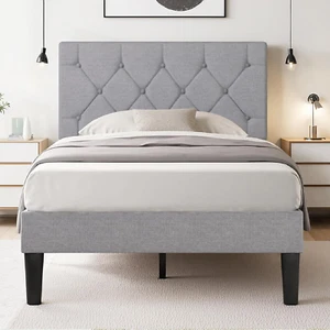Twin Bed Frame with Button Tufted Headboard, Upholstered Platform with Wooden Sl - Picture 1 of 8