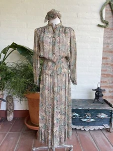 1970s Gil Aimbez Sheer Floral Blouse Top & Skirt Sz 10/12 Vintage Boho Romantic - Picture 1 of 9