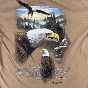Vintage Alaska Bald Eagle Totem Graphic T-Shirt Brown Nature Tee Size Large - Picture 1 of 5