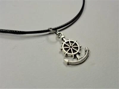 COLLAR CORDÓN CUERO NEGRO VELA RUEDA Y ANCLA BARCOS NÁUTICOS PLAYA MODA Foto 1 de 4