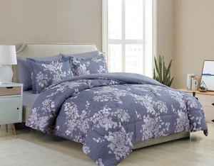 Printed Bed in a Bag Comforter Sheet Set Grey Blue Inkwash Flowers Twin Single - Picture 1 of 4