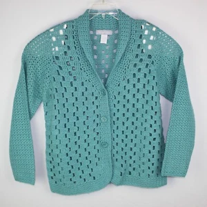 Modern Soul Cardigan Sweater Green Crochet Women Size Large Button-Up - Picture 1 of 11