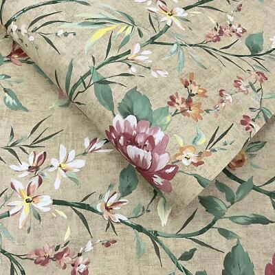 Papel Pintado Flores Oriental Vintage 13821 Taupe Camelia Floral Hoja Texturizada Foto 1 de 3