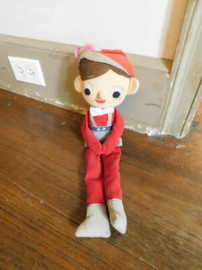 Vtg Shelf Sitter Doll Elf Stockinette Big Eyes Head JAPAN 60s Red suit Christmas - Picture 1 of 11
