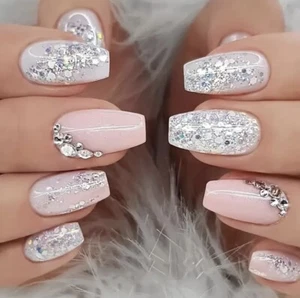 24pcs Glossy Medium Ballet Fake Nails, Pink & White With Silver Shiny Rhinestone - Picture 1 of 8
